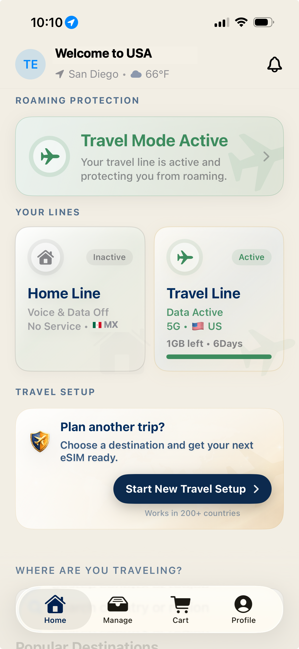 eSIM Agent home screen showing travel mode active