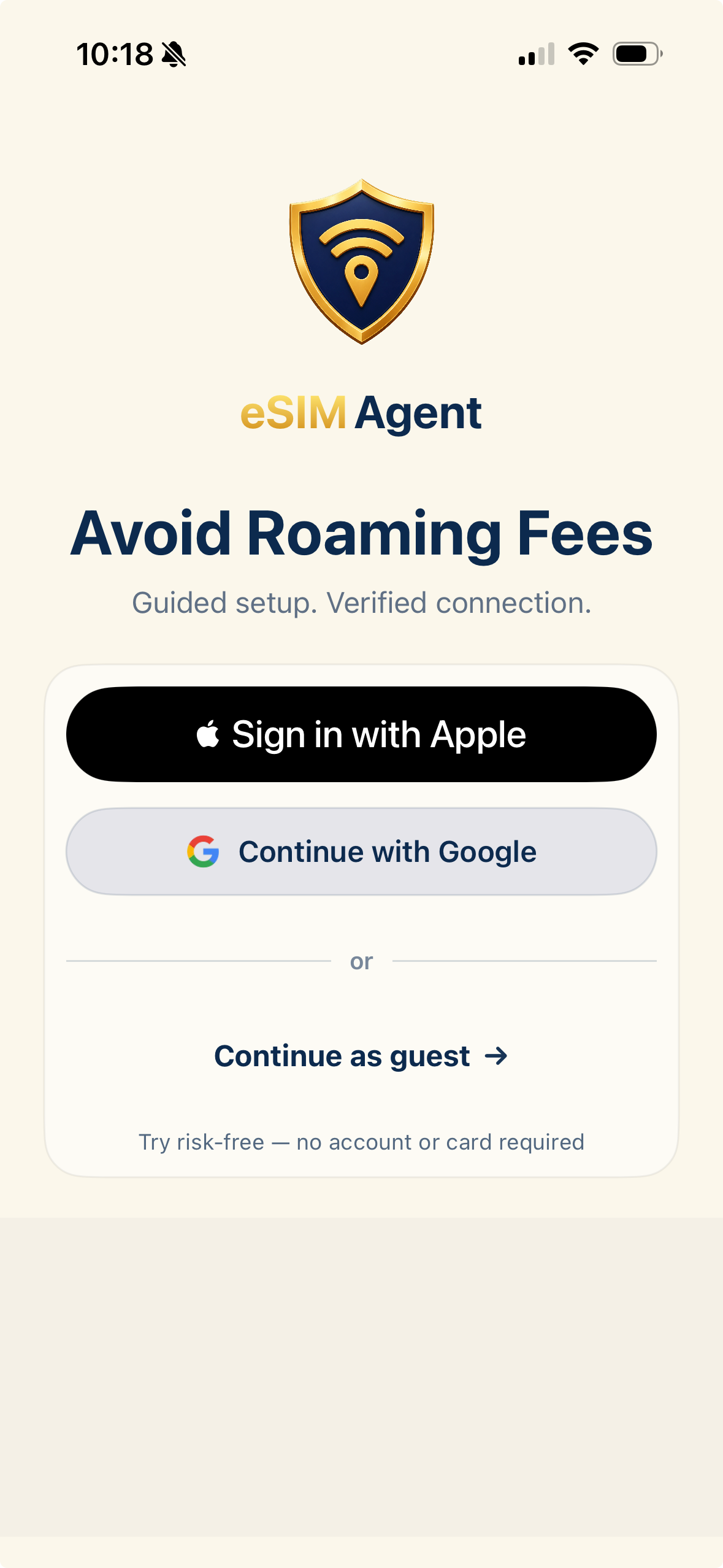 eSIM Agent sign in screen