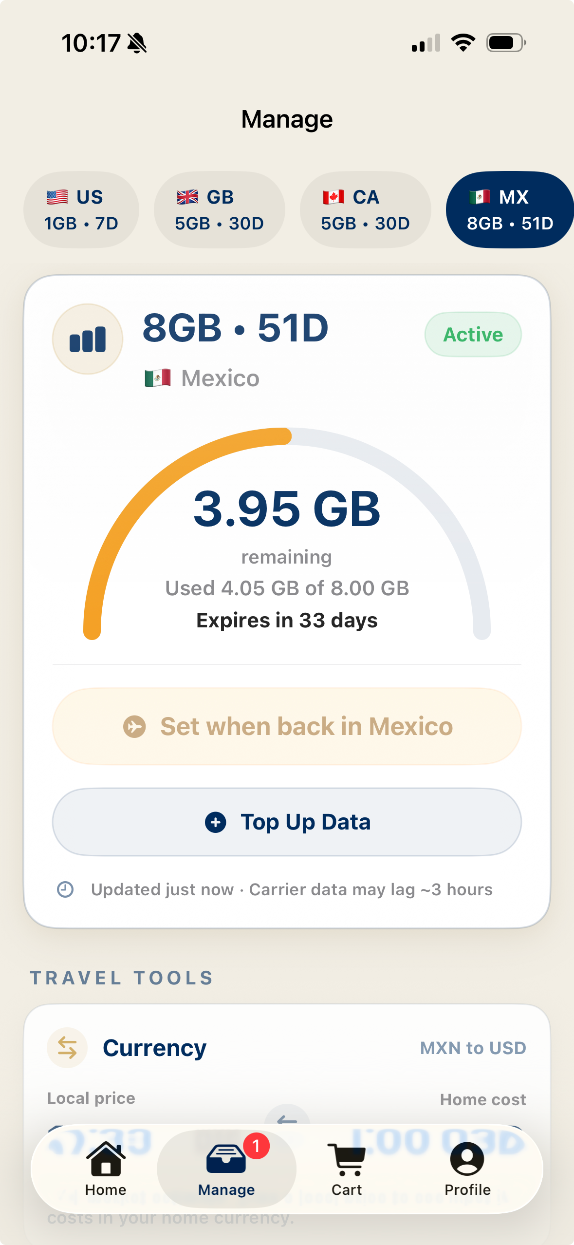 Manage screen showing active Mexico eSIM data balance