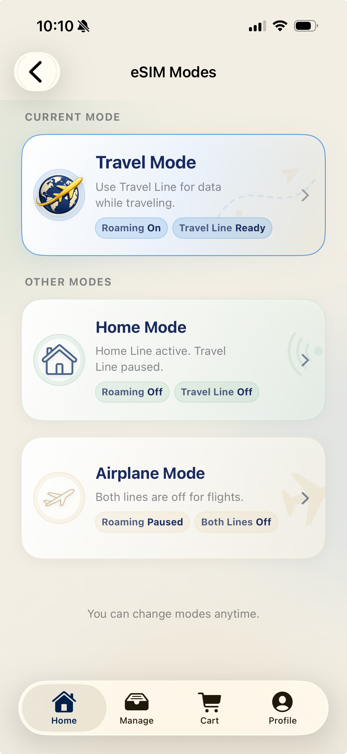 eSIM modes screen showing travel, home, and airplane modes
