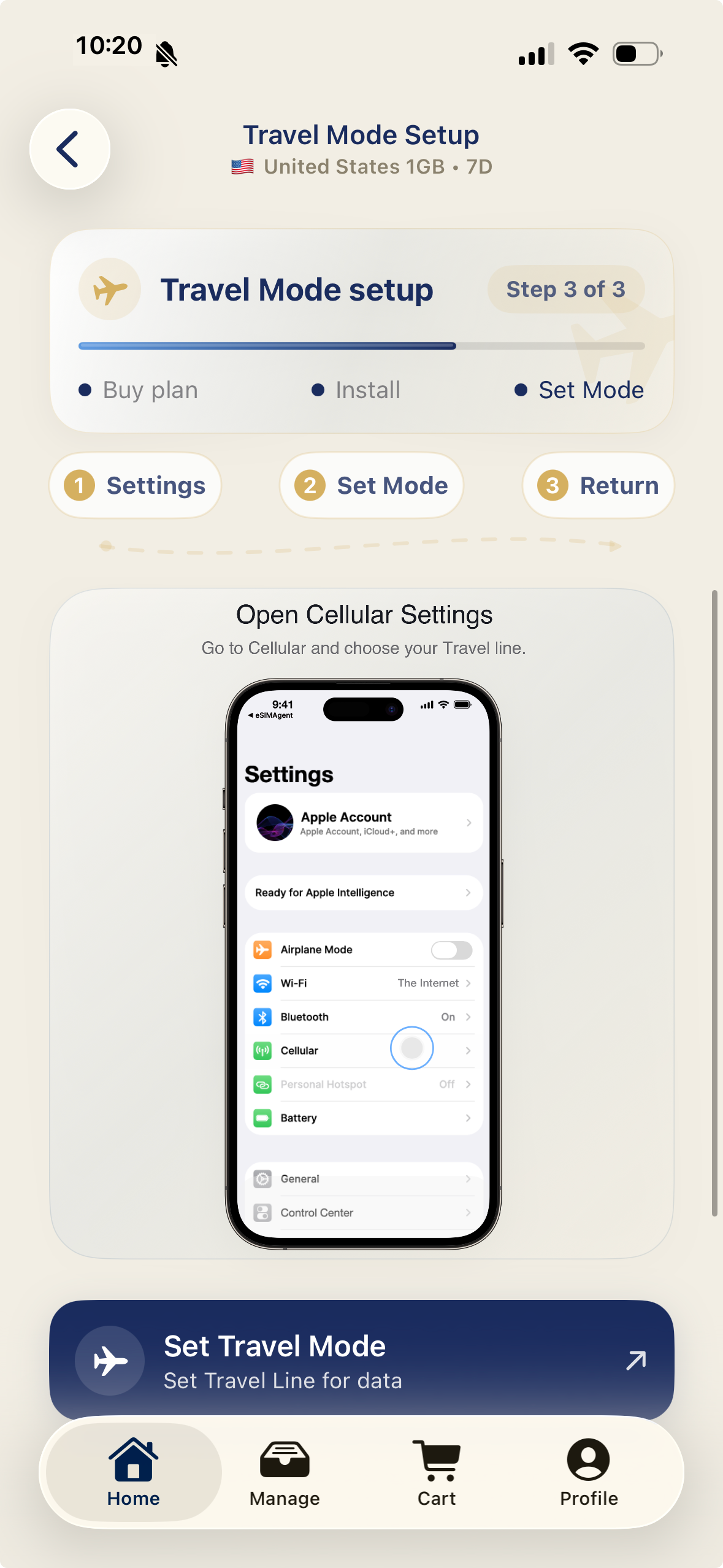 Travel mode setup screen