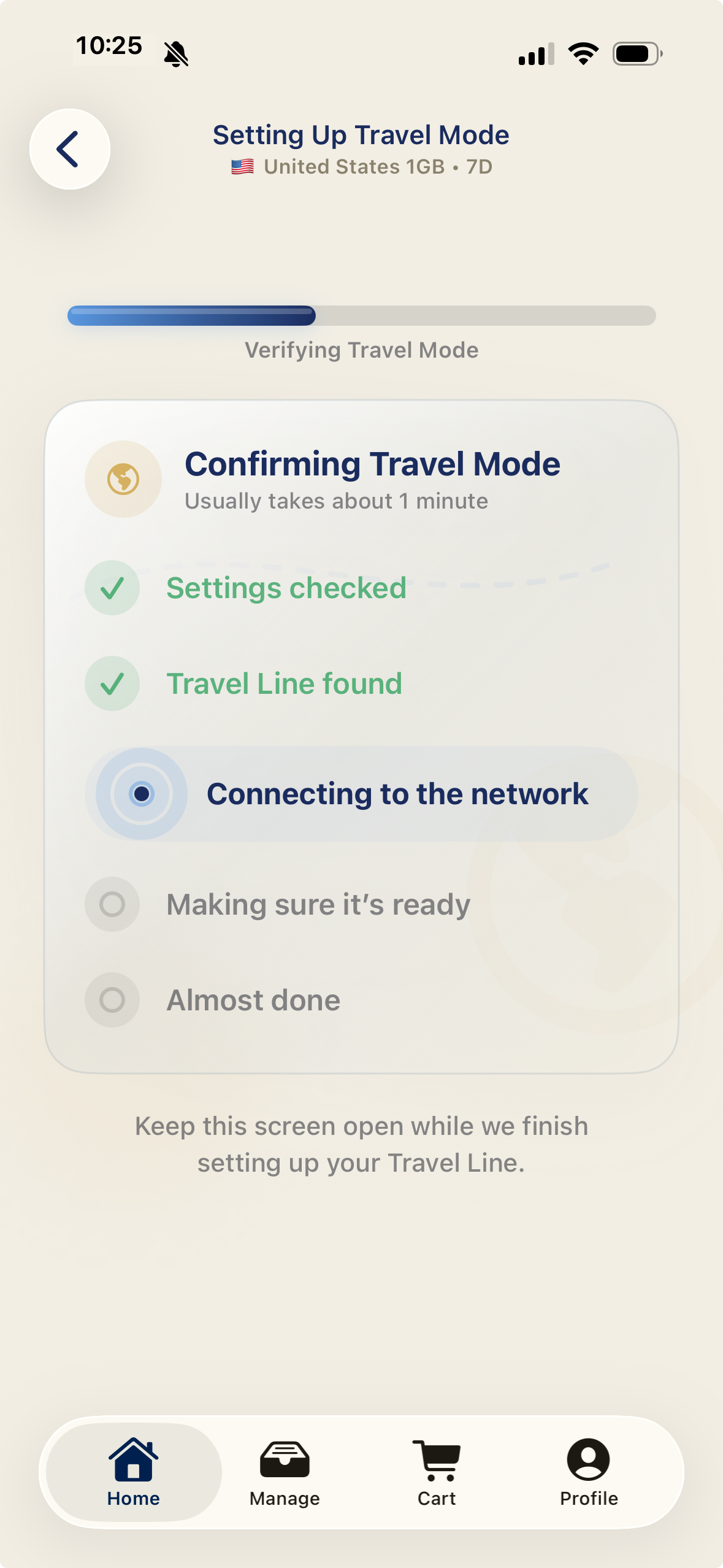 Travel mode verification screen